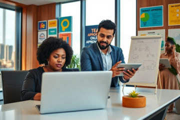 A team collaborating on online approval processes with digital tools.