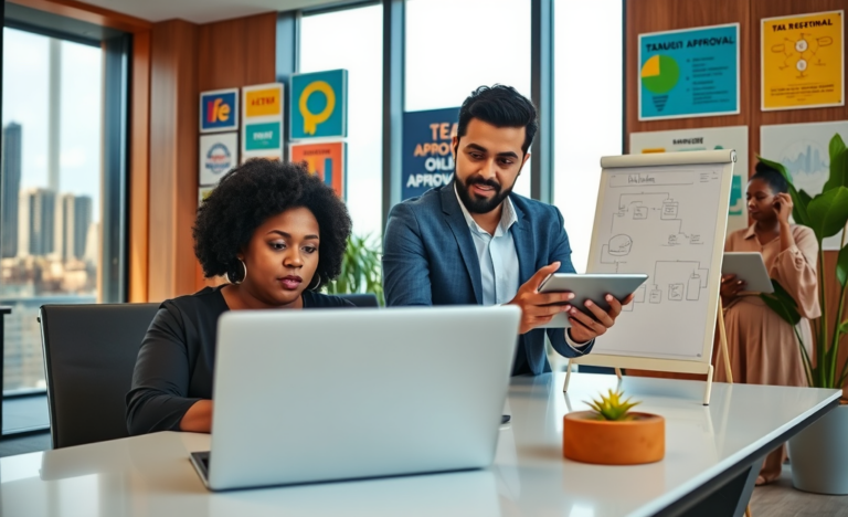 A team collaborating on online approval processes with digital tools.