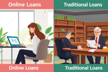 A visual comparison of online and traditional loans highlighting their application processes, approval speeds, and product offerings.