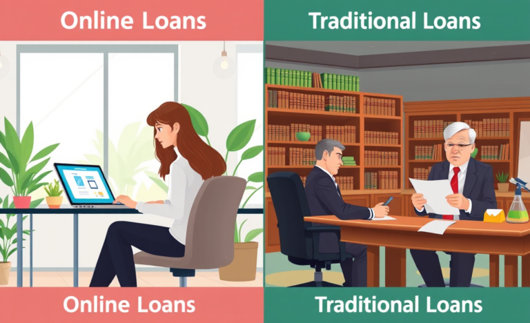 A visual comparison of online and traditional loans highlighting their application processes, approval speeds, and product offerings.