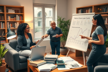 An image depicting various strategies for reducing loan costs, including budgeting, credit improvement, and lender comparisons.