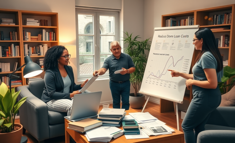 An image depicting various strategies for reducing loan costs, including budgeting, credit improvement, and lender comparisons.